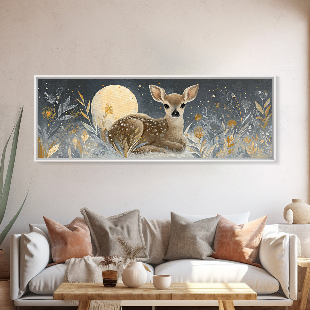 Baby Deer in Meadow with Fireflies Canvas Print, Nursery Decor, Modern Decor, Fine Art, Nursery, Wall Decor, Art Print, NDE-3x1-14