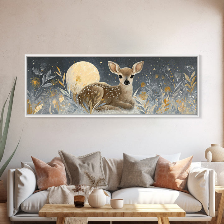 Baby Deer in Meadow with Fireflies Canvas Print, Nursery Decor, Modern Decor, Fine Art, Nursery, Wall Decor, Art Print, NDE-3x1-14