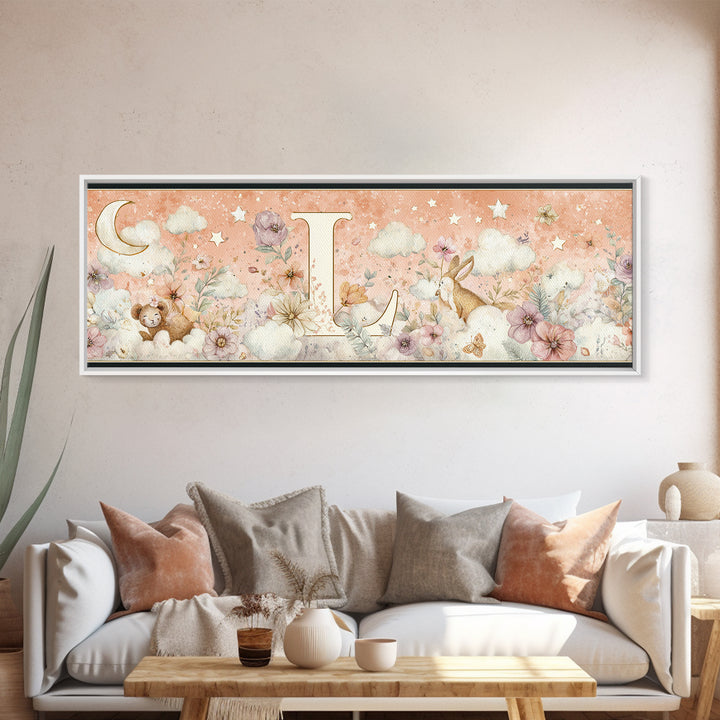 Soft Floral Initial Frame Without Letters Canvas Print, Nursery Decor, Woodland Nursery Decor, Nursery, Nursery Wall Decal, NDE-3x1-26