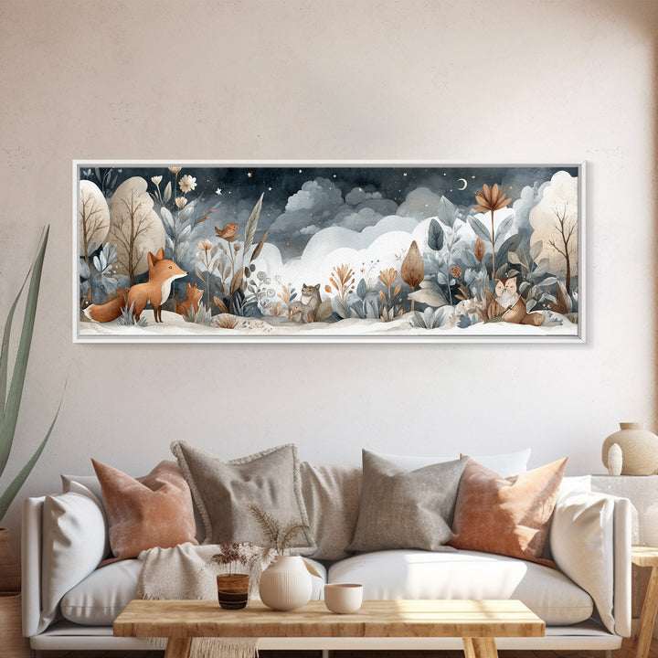 Fox and Owl Friends Canvas Print, Nursery Decor, Canvas, Fine Art, Nursery, Playroom Decor, Floral Wall Art, Botanical Wall Art, NDE-3x1-30