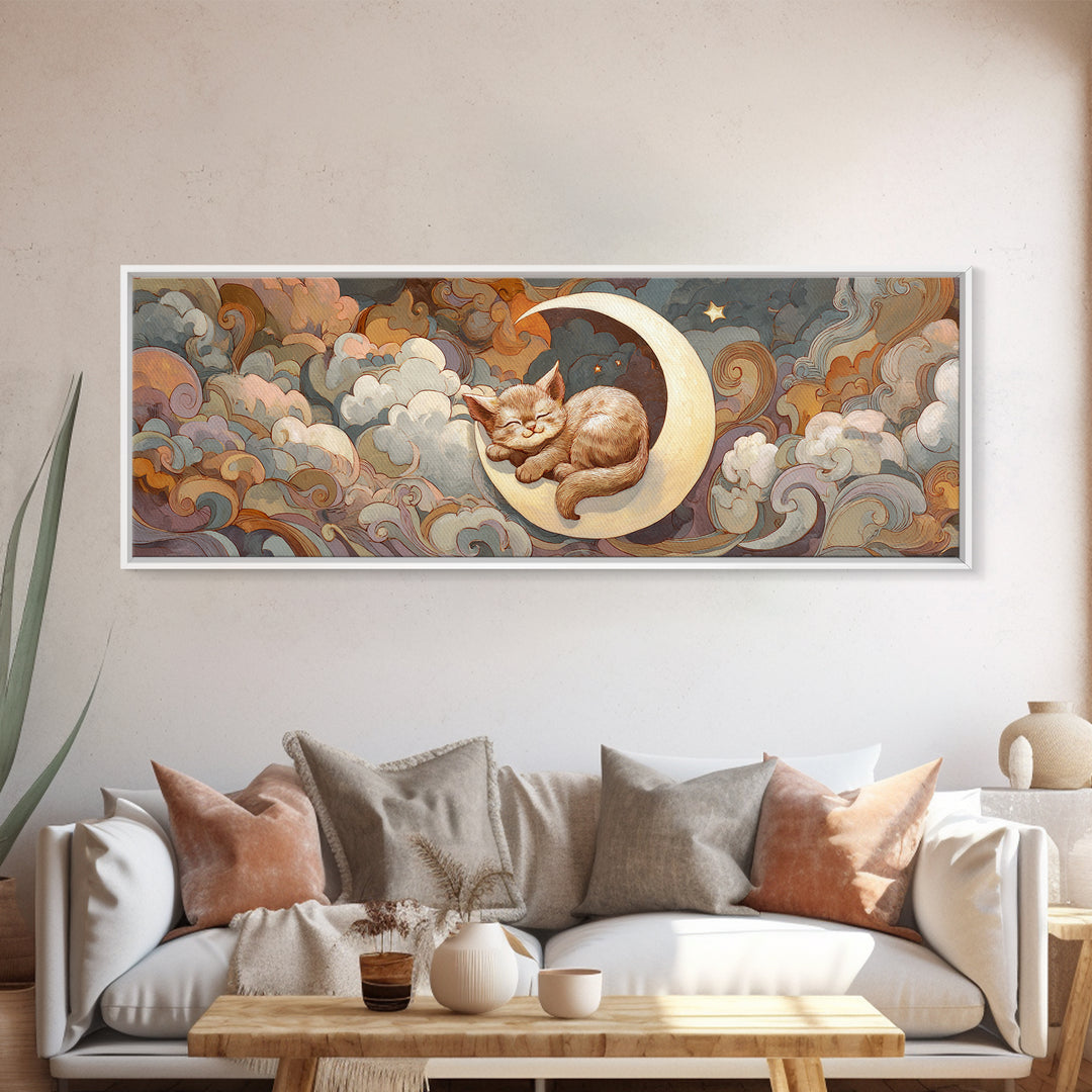 Sleeping Kitten on Crescent Moon Canvas Print, Nursery Decor, Wall Light, Fine Art, Nursery, Statement Artwork, Boho Decor, NDE-3x1-33