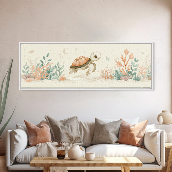 Tiny Turtle with Sea Plants Canvas Print, Nursery Decor, Minimalist Decor, Fine Art, Nursery, Wall Decals, Nursery Wall Decor, NDE-3x1-35