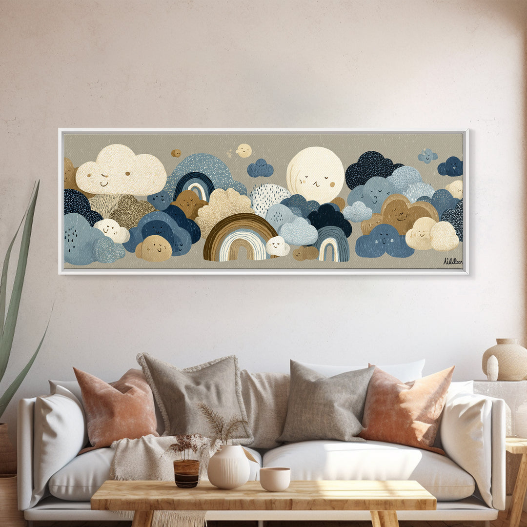 Cloud Rainbow and Raindrop Composition Canvas Print, Nursery Decor, Gallery Decor, Fine Art, Nursery, Wall Art, Home Decor, NDE-3x1-36
