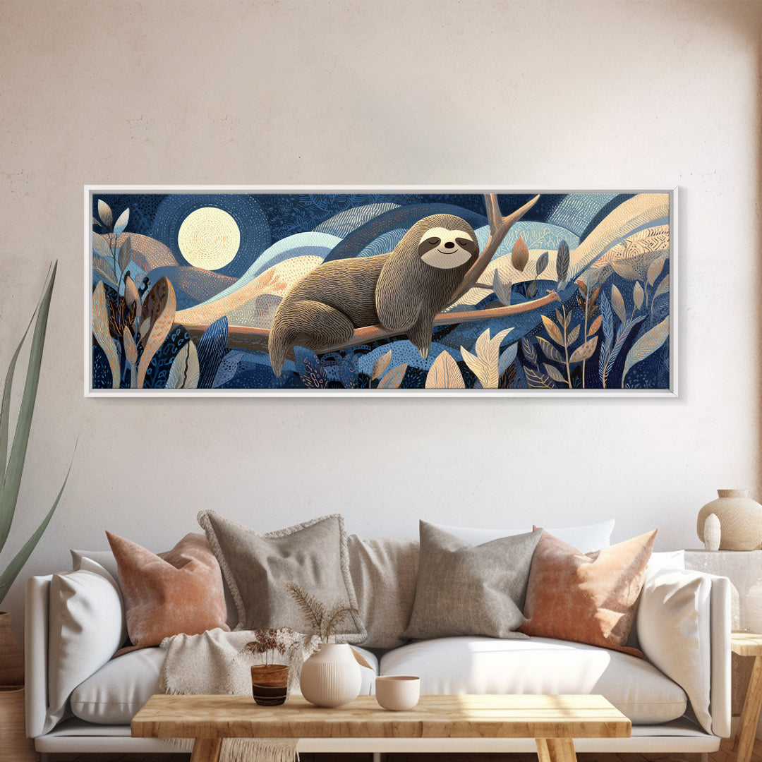 Sleepy Sloth Hanging from Branch Canvas Print, Nursery Decor, Safari Nursery Decor, Nursery, Modern Decor, Fine Art Print, NDE-3x1-46