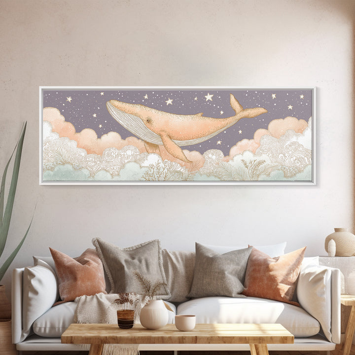 Baby Whale Swimming Through Stars Canvas Print, Nursery Decor, Textured Painting, Fine Art, Nursery, Bedroom Decor, Wall Decal, NDE-3x1-48
