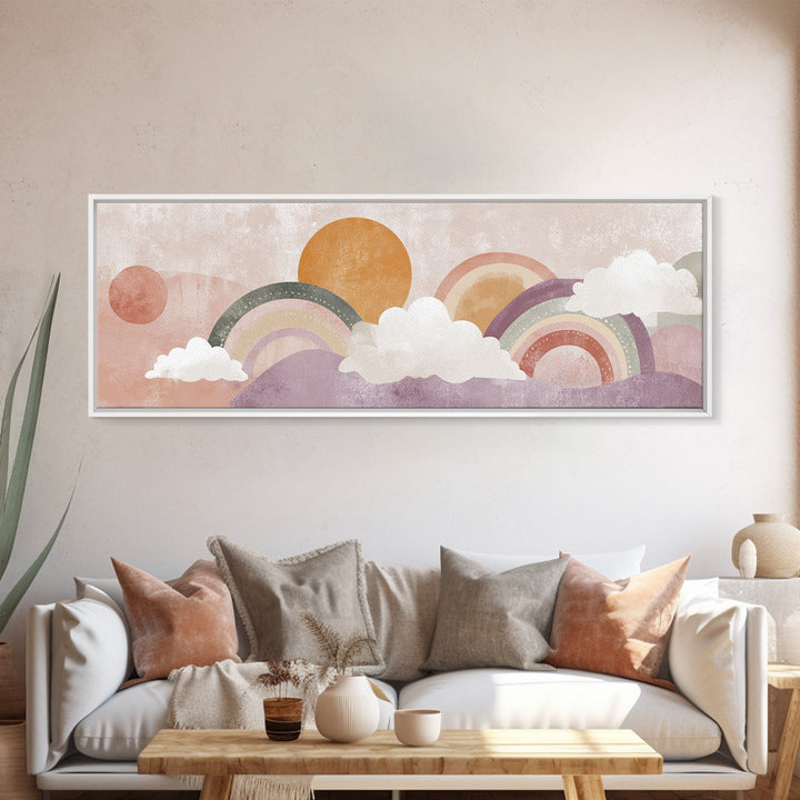 Neutral Boho Sun and Arch Shapes Framed Canvas Print, Nursery Decor, Framed Wall Art, Fine Art, Nursery, Safari Nursery Decor, NDE-3x1-51