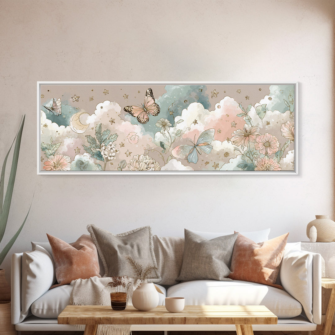 Pastel Butterfly and Wildflower Pattern Framed Canvas Print, Nursery Decor, Minimalist Decor, Oil Painting, Nursery, NDE-3x1-56