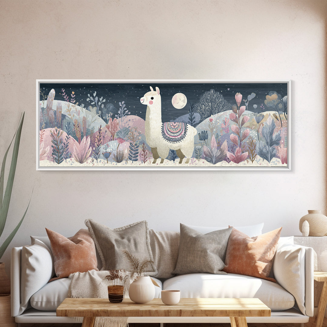 Cute Llama with Blanket Pattern Canvas Print, Nursery Decor, Nursery Wall Decal, Oil Painting, Nursery, Minimalist Decor, NDE-3x1-61
