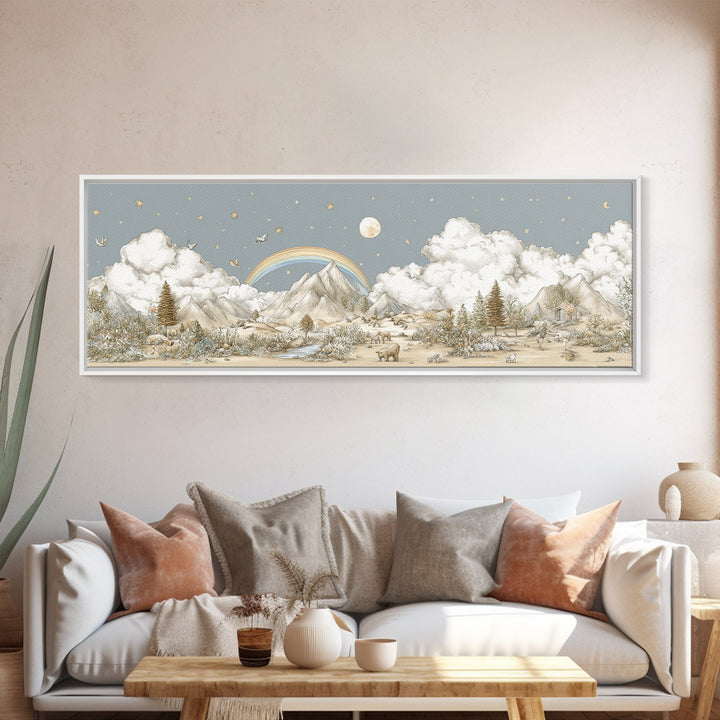 Calm Mountain Nursery Landscape Framed Canvas Print, Nursery Decor, Luxury Decor, Fine Art, Nursery, Nursery Wall Art, NDE-3x1-64