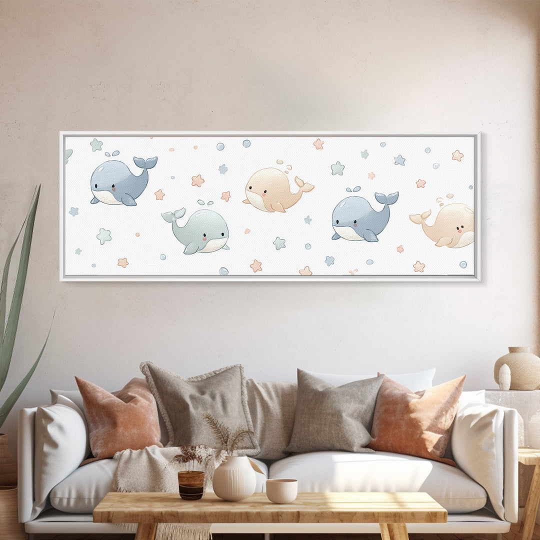 Baby Whale Swimming Through Stars Framed Canvas Print, Nursery Decor, Wall Decor, Fine Art, Nursery, Woodland Nursery Decor, NDE-3x1-72