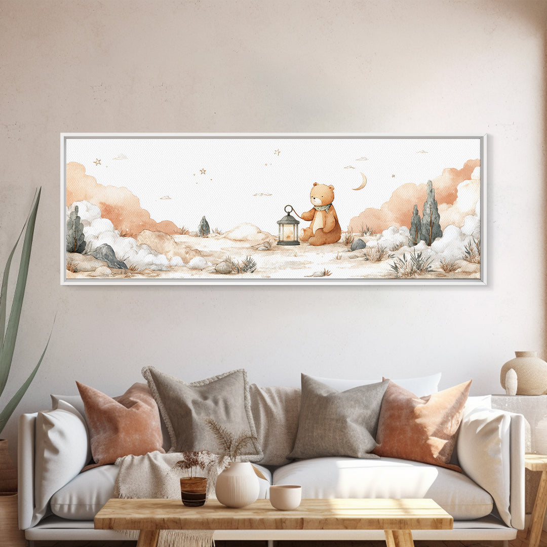 Storybook Bear with Little Lantern Framed Canvas Print, Nursery Decor, Neutral Decor, Fine Art, Nursery, Home Decor, Wall Decor, NDE-3x1-73