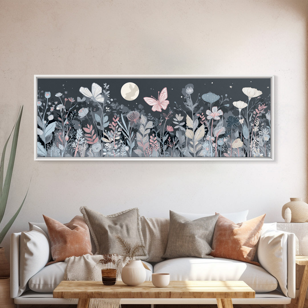 Pastel Butterfly and Wildflower Pattern Canvas Print, Nursery Decor, Watercolor Art, Nursery, Nursery Prints, NDE-3x1-80