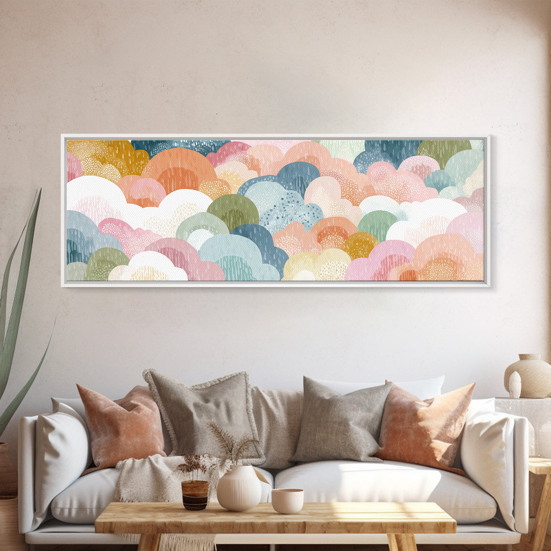 Cloud Rainbow and Raindrop Composition Framed Canvas Print, Nursery Decor, Canvas, Fine Art, Nursery, Playroom Decor, NDE-3x1-84