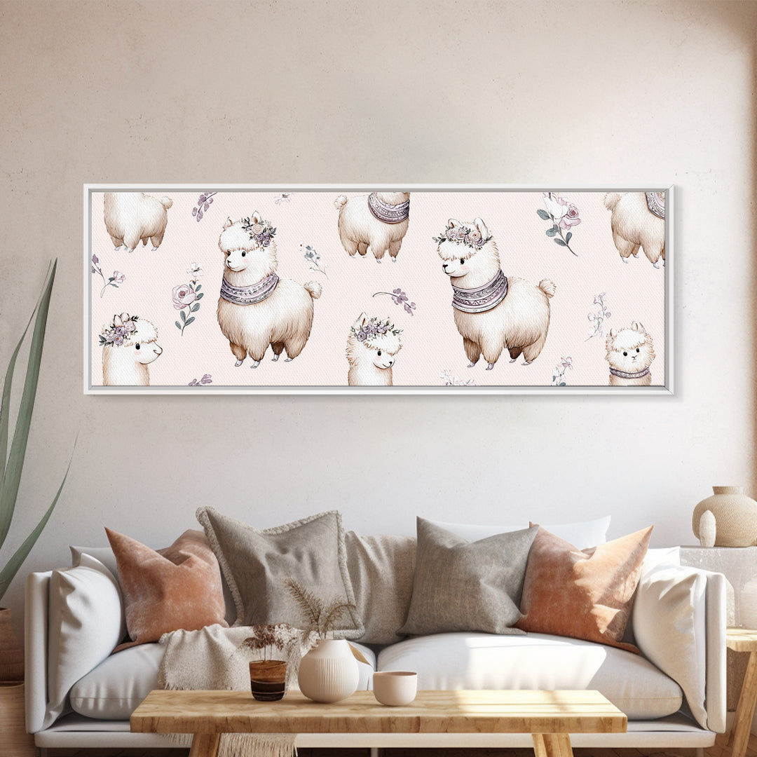 Cute Llama with Blanket Pattern Canvas Print, Nursery Decor, Nursery Wall Decal, Oil Painting, Nursery, Minimalist Decor, NDE-3x1-85