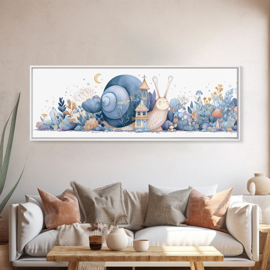 Garden Snail with Mushroom House Framed Canvas Print, Nursery Decor, Nursery, Fine Art, Nursery, Baby Girl Nursery Decor, NDE-3x1-87