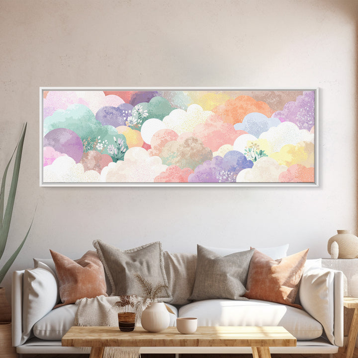 Pastel Rainbow with Soft Cloud Shapes Framed Canvas Print, Nursery Decor, Boho Decor, Fine Art, Nursery, Nursery Wall Art, NDE-3x1-89