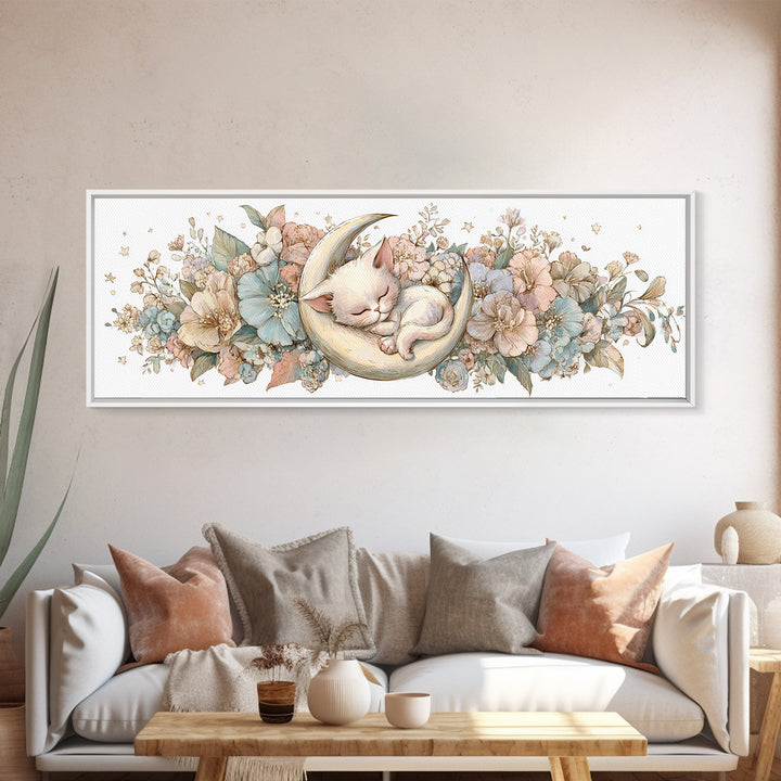 Sleeping Kitten on Crescent Moon Framed Canvas Print, Nursery Decor, Nursery Prints, Fine Art, Nursery, Nursery Wall Decal, NDE-3x1-9