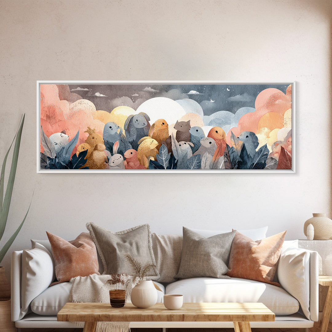 Woodland Animal Parade Framed Canvas Print, Nursery Decor, Nursery Name Sign, Fine Art, Nursery, Luxury Decor, Room Decor, NDE-3x1-90