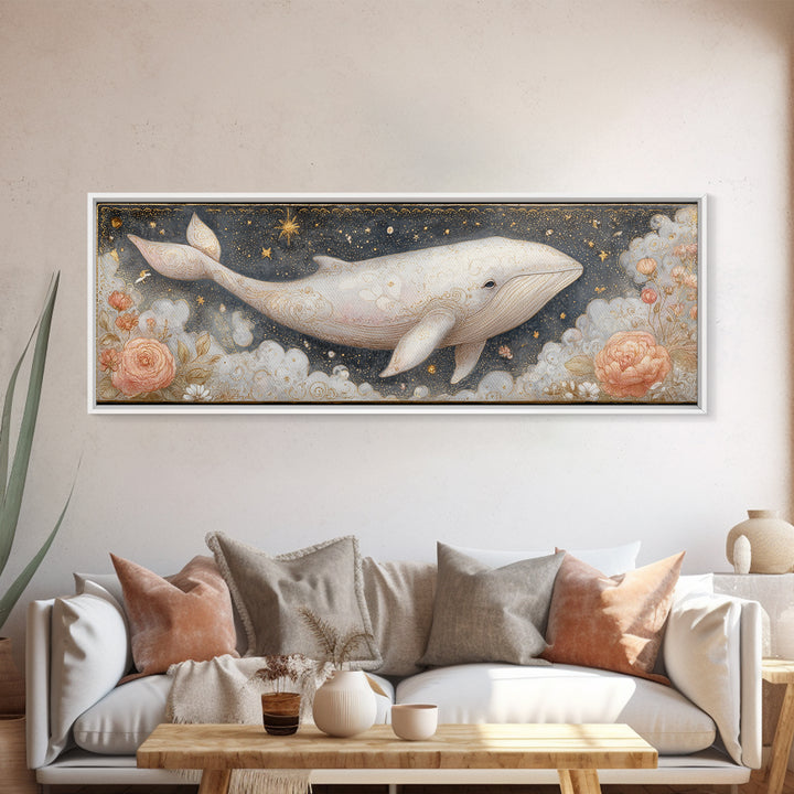 Baby Whale Swimming Through Stars Canvas Print, Nursery Decor, Textured Painting, Fine Art, Nursery, Bedroom Decor, Wall Decal, NDE-3x1-96