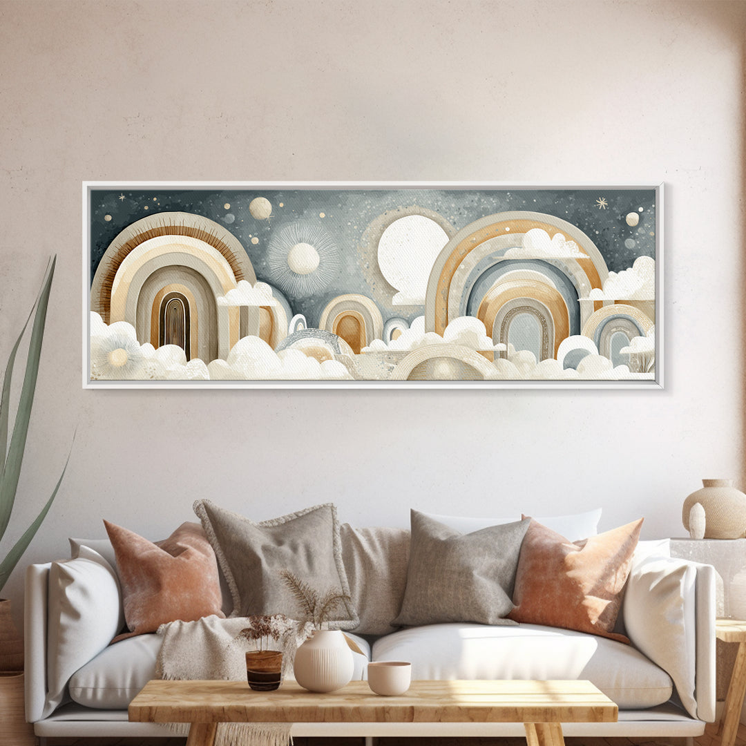 Neutral Boho Sun and Arch Shapes Framed Canvas Print, Nursery Decor, Framed Wall Art, Fine Art, Nursery, Safari Nursery Decor, NDE-3x1-99