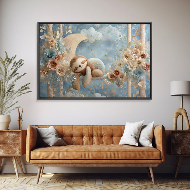 Sleepy Sloth Hanging from Branch Framed Canvas Print, Nursery Decor, Playroom Decor, Oil Painting, Nursery, Boy Nursery Decor, NDE-3x2-10