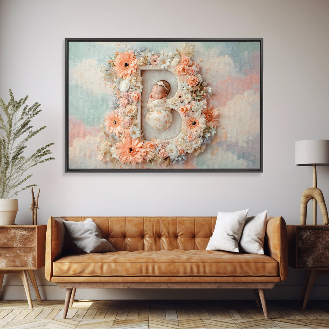 Soft Floral Initial Frame Without Letters Framed Canvas Print, Nursery Decor, Nursery Wall Decor, Oil Painting, Nursery, NDE-3x2-14