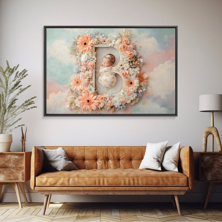 Soft Floral Initial Frame Without Letters Framed Canvas Print, Nursery Decor, Nursery Wall Decor, Oil Painting, Nursery, NDE-3x2-14
