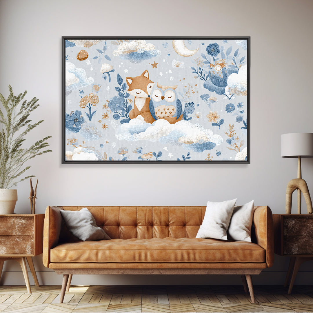 Fox and Owl Friends Framed Canvas Print, Nursery Decor, Nursery Art, Fine Art, Nursery, Kids Wall Art, Nursery Wall Decals, NDE-3x2-18