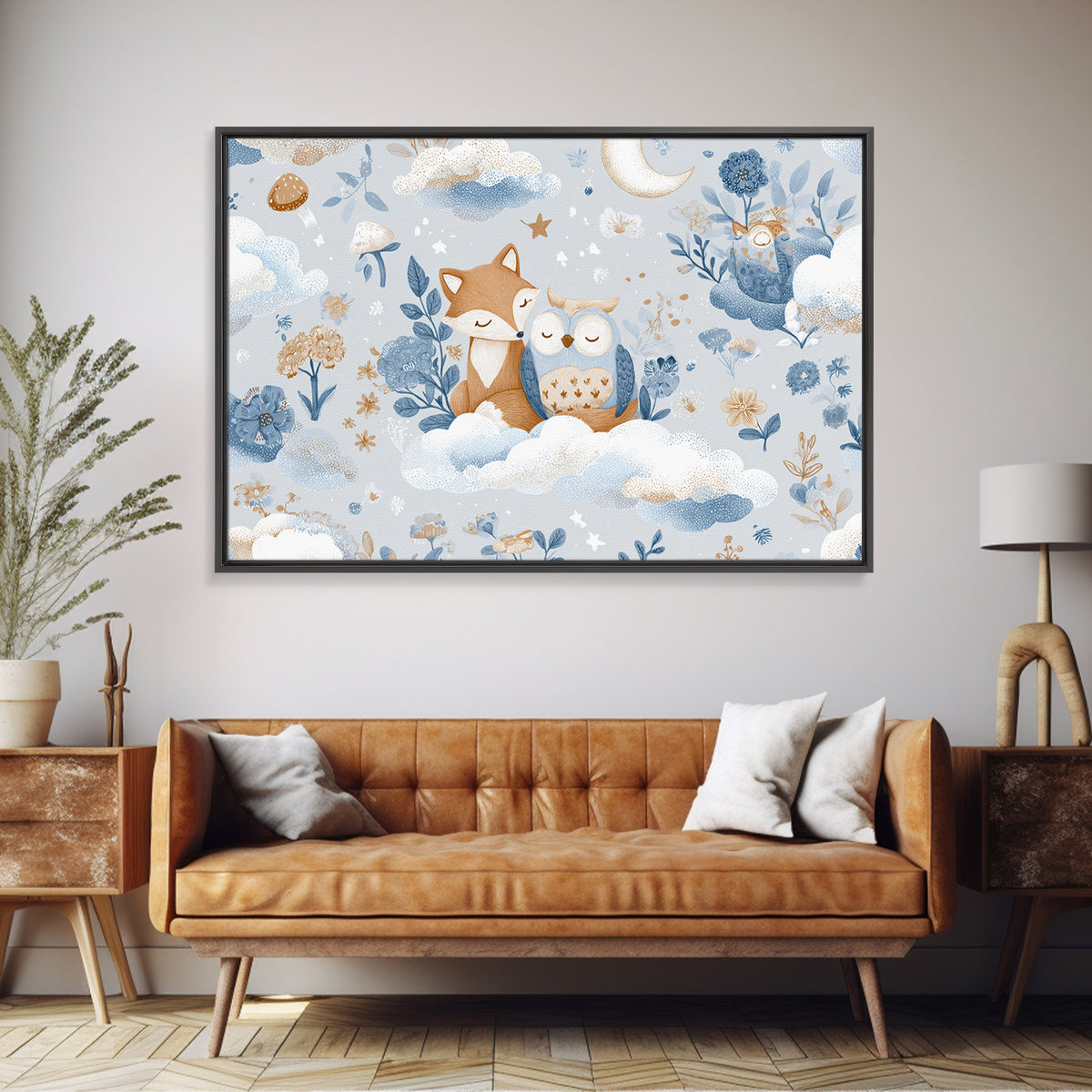 Fox and Owl Friends Framed Canvas Print, Nursery Decor, Nursery Art, Fine Art, Nursery, Kids Wall Art, Nursery Wall Decals, NDE-3x2-18