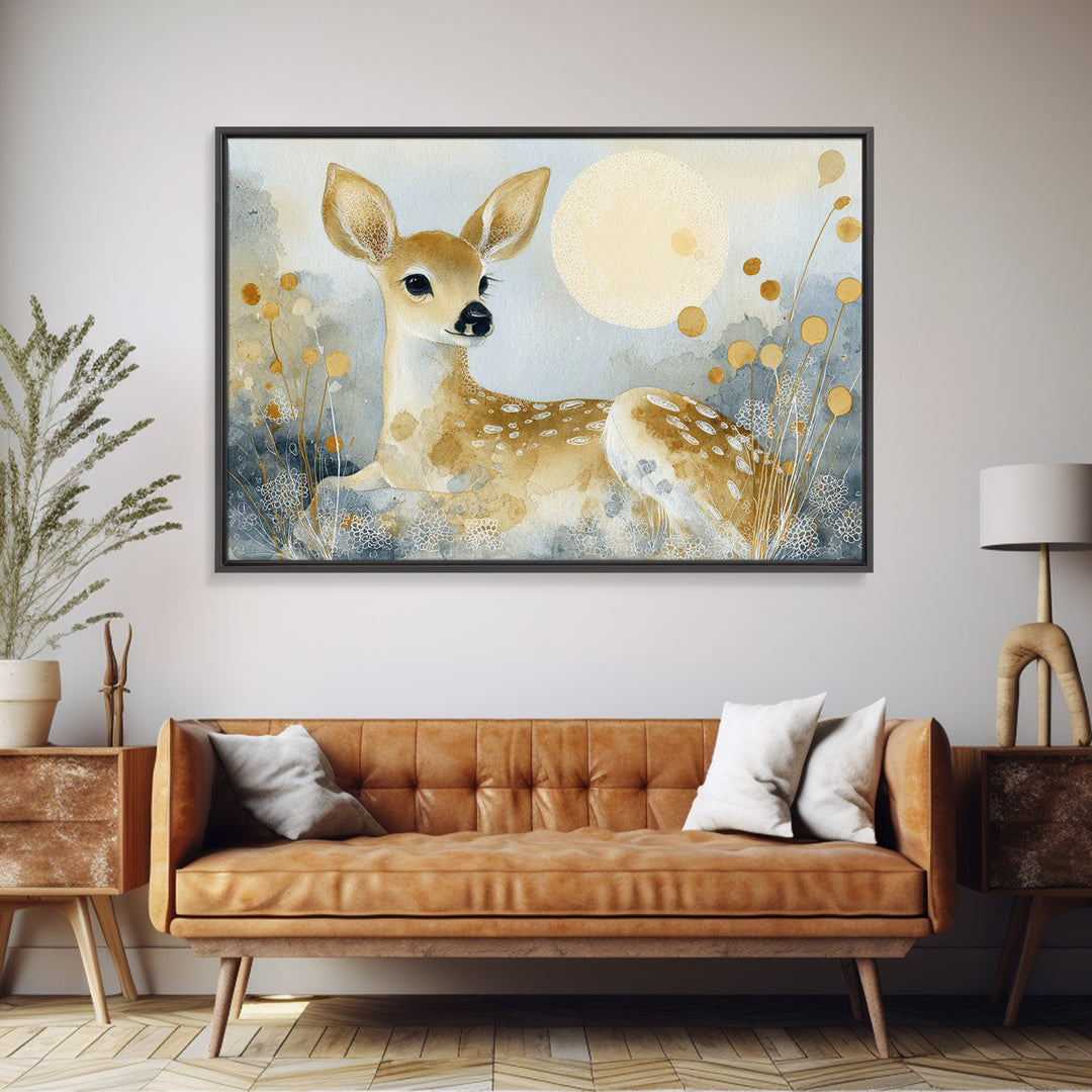 Baby Deer in Meadow with Fireflies Framed Canvas Print, Nursery Decor, Wall Decal, Nursery, Wall Light, Girl Nursery Decor, NDE-3x2-2