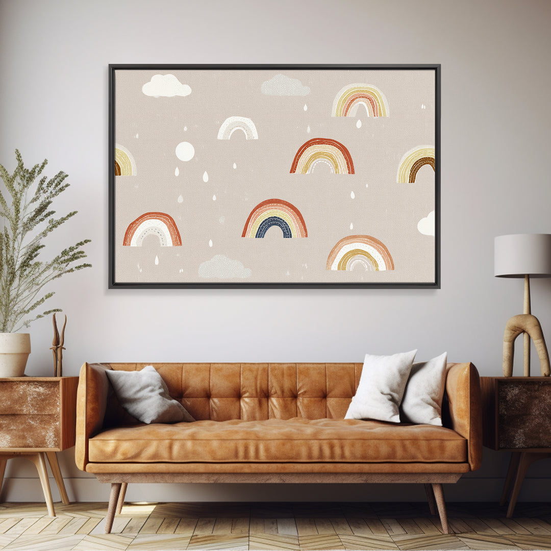 Cloud Rainbow and Raindrop Composition Framed Canvas Print, Nursery Decor, Nursery Name Sign, Fine Art, Nursery, Luxury Decor, NDE-3x2-24