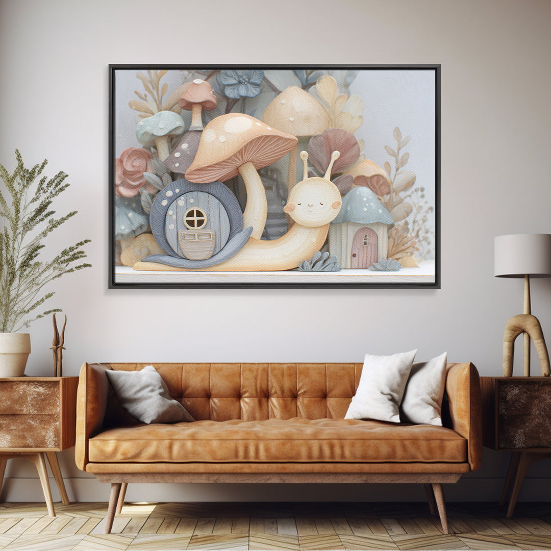 Garden Snail with Mushroom House Framed Canvas Print, Nursery Decor, Gallery Decor, Fine Art, Nursery, Wall Art, Home Decor, NDE-3x2-27