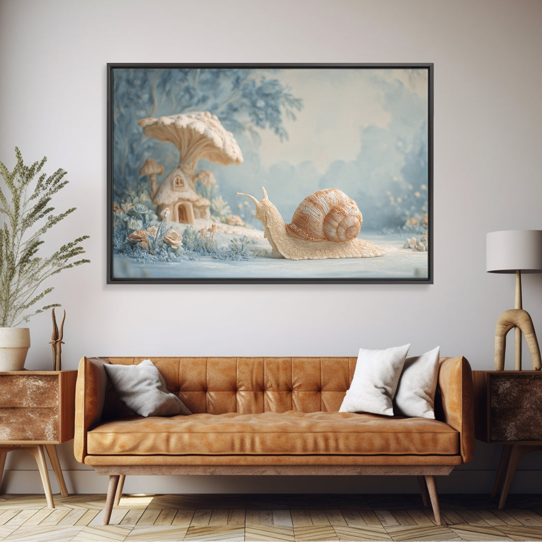 Garden Snail with Mushroom House Canvas Print, Nursery Decor, Nursery Name Sign, Fine Art, Nursery, Luxury Decor, Room Decor, NDE-3x2-3