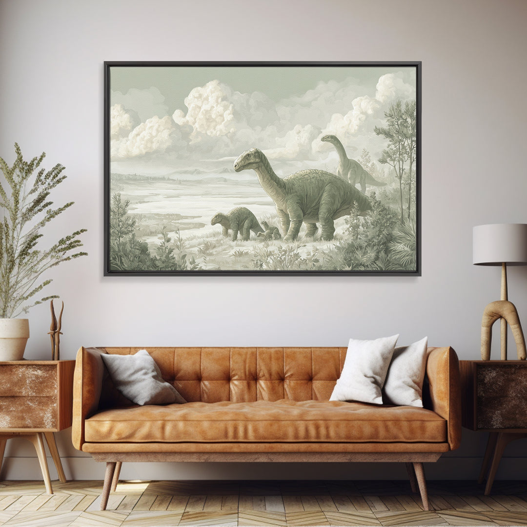 Gentle Dinosaur Family Framed Canvas Print, Nursery Decor, Room Decor, Fine Art, Nursery, Framed Wall Art, Bedroom Decor, NDE-3x2-35