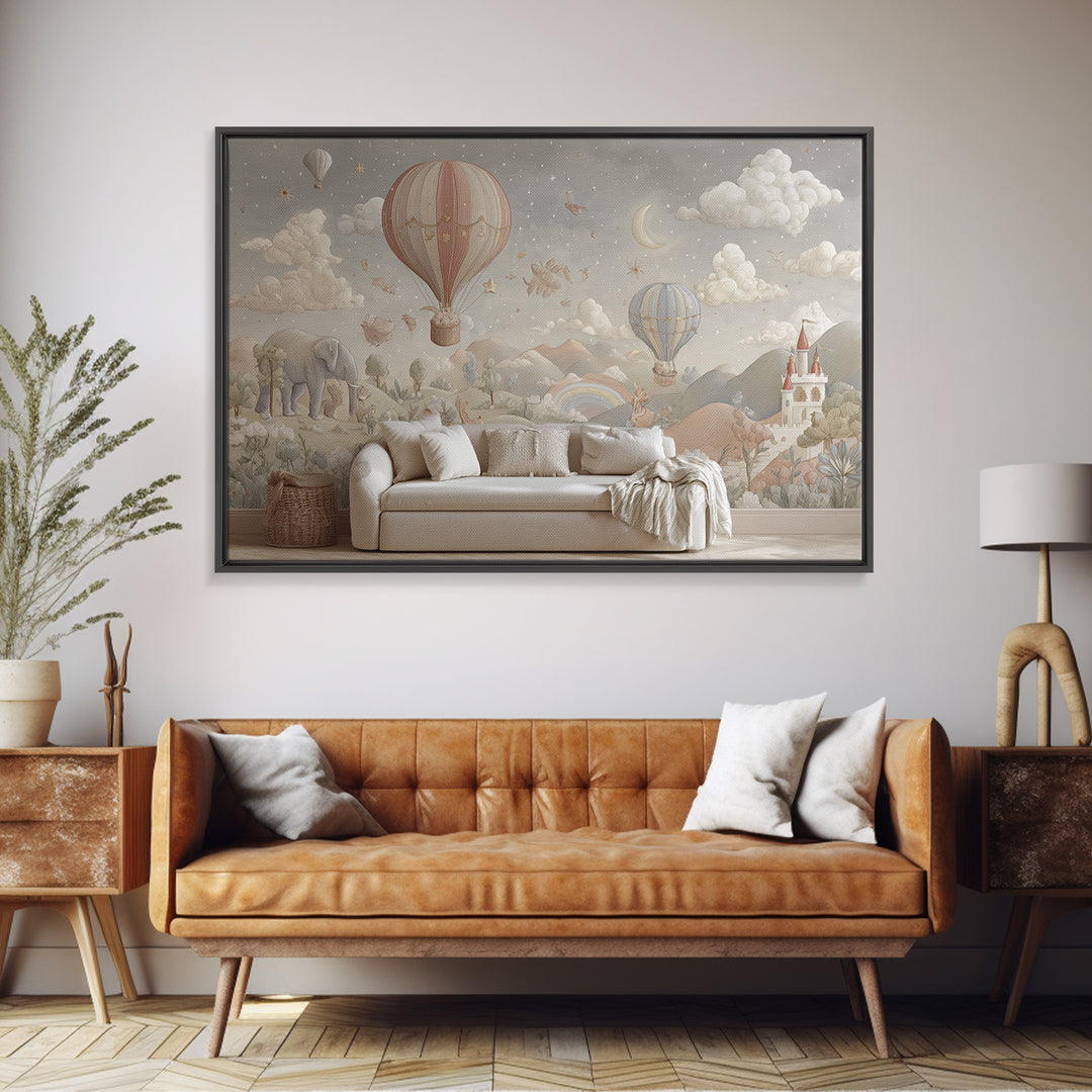 Hot Air Balloon Drifting Framed Canvas Print, Nursery Decor, Nursery Wall Decal, Oil Painting, Nursery, Minimalist Decor, NDE-3x2-40