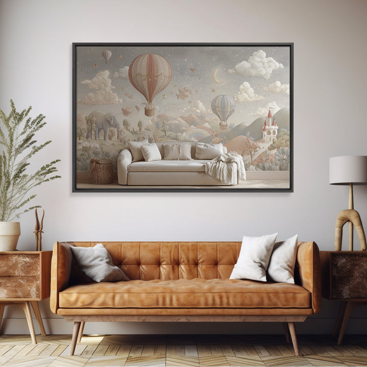 Hot Air Balloon Drifting Framed Canvas Print, Nursery Decor, Nursery Wall Decal, Oil Painting, Nursery, Minimalist Decor, NDE-3x2-40