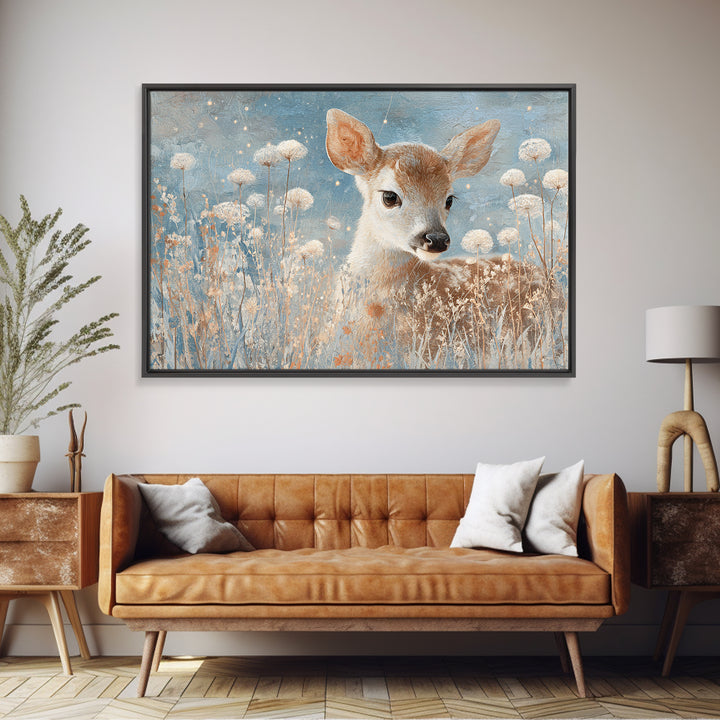 Baby Deer in Meadow with Fireflies Framed Canvas Print, Nursery Decor, Floral Wallpaper, Fine Art, Nursery, Fine Art Print, NDE-3x2-50