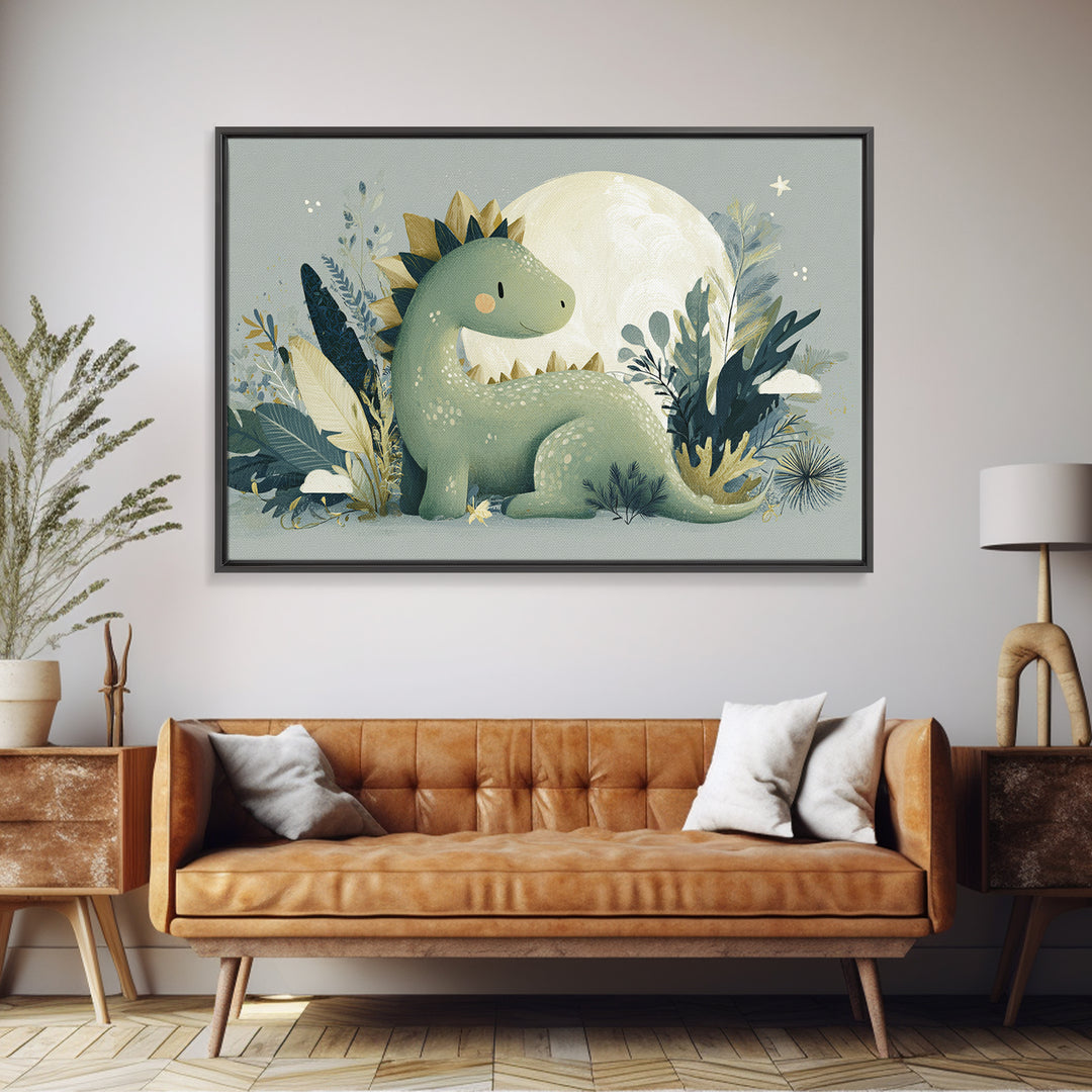 Gentle Dinosaur Family Framed Canvas Print, Nursery Decor, Nursery Wall Art, Oil Painting, Nursery, Botanical Wall Art, NDE-3x2-59