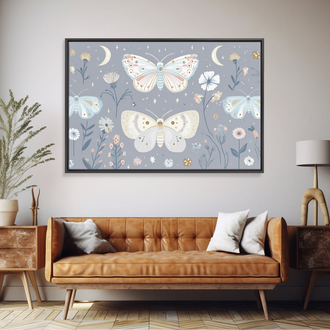 Pastel Butterfly and Wildflower Pattern Canvas Print, Nursery Decor, Minimalist Decor, Oil Painting, Nursery, Wall Decals, NDE-3x2-68