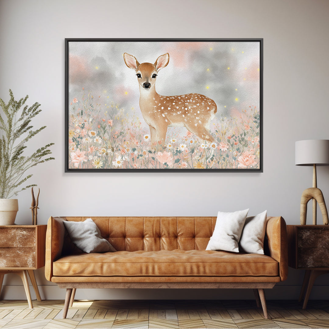 Baby Deer in Meadow with Fireflies Framed Canvas Print, Nursery Decor, Floral Wallpaper, Fine Art, Nursery, Fine Art Print, NDE-3x2-74
