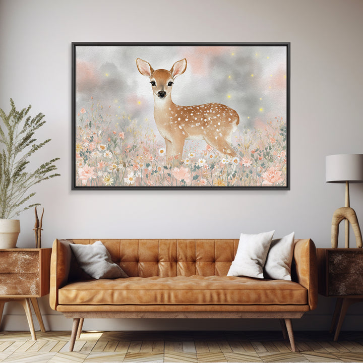 Baby Deer in Meadow with Fireflies Framed Canvas Print, Nursery Decor, Floral Wallpaper, Fine Art, Nursery, Fine Art Print, NDE-3x2-74