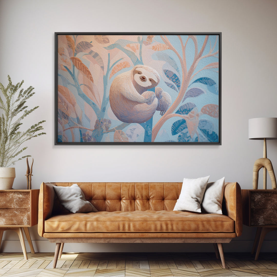 Sleepy Sloth Hanging from Branch Framed Canvas Print, Nursery Decor, Nursery Wall Decal, Watercolor Art, Nursery, NDE-3x2-82