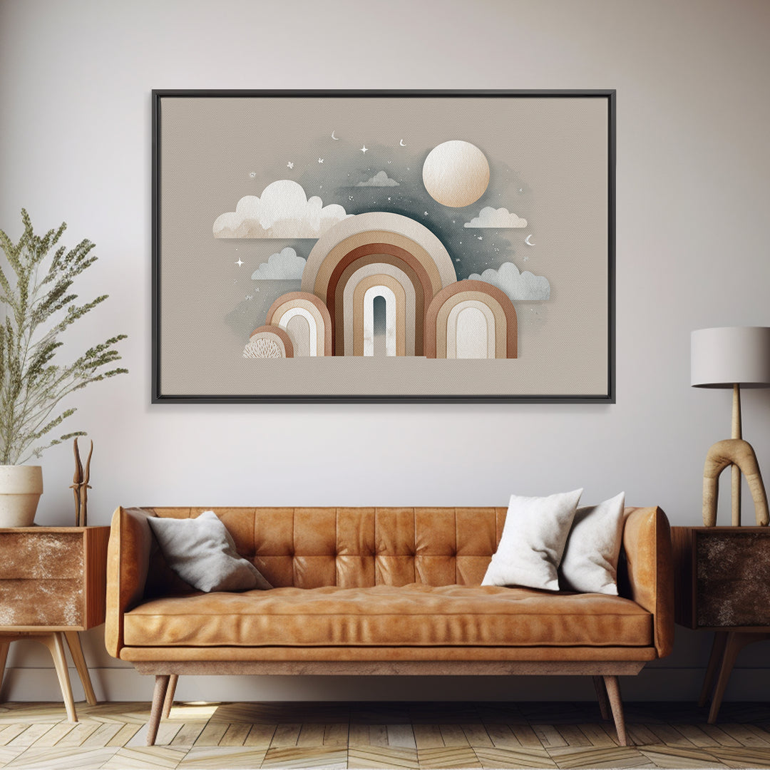 Neutral Boho Sun and Arch Shapes Framed Canvas Print, Nursery Decor, Wall Decor, Fine Art, Nursery, Woodland Nursery Decor, NDE-3x2-87