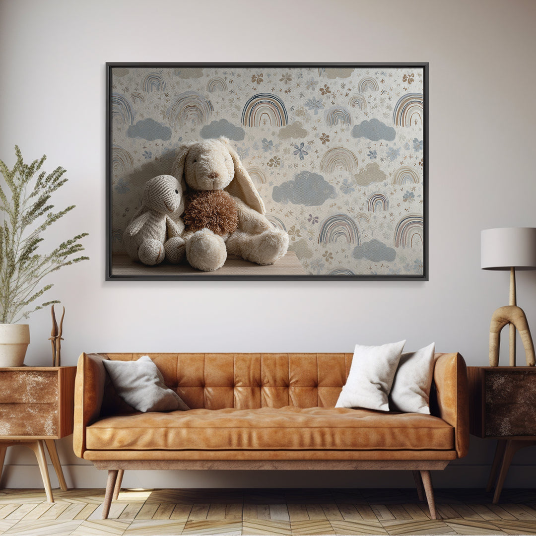 Cloud Rainbow and Raindrop Composition Framed Canvas Print, Nursery Decor, Canvas, Fine Art, Nursery, Playroom Decor, NDE-3x2-96