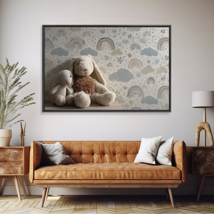 Cloud Rainbow and Raindrop Composition Framed Canvas Print, Nursery Decor, Canvas, Fine Art, Nursery, Playroom Decor, NDE-3x2-96