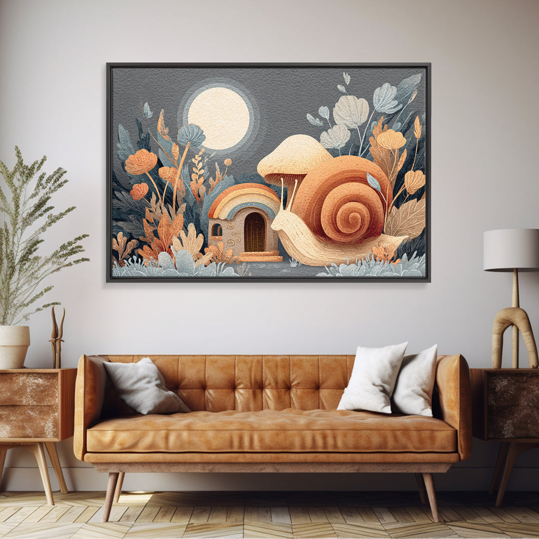 Garden Snail with Mushroom House Framed Canvas Print, Nursery Decor, Nursery, Fine Art, Nursery, Baby Girl Nursery Decor, NDE-3x2-99