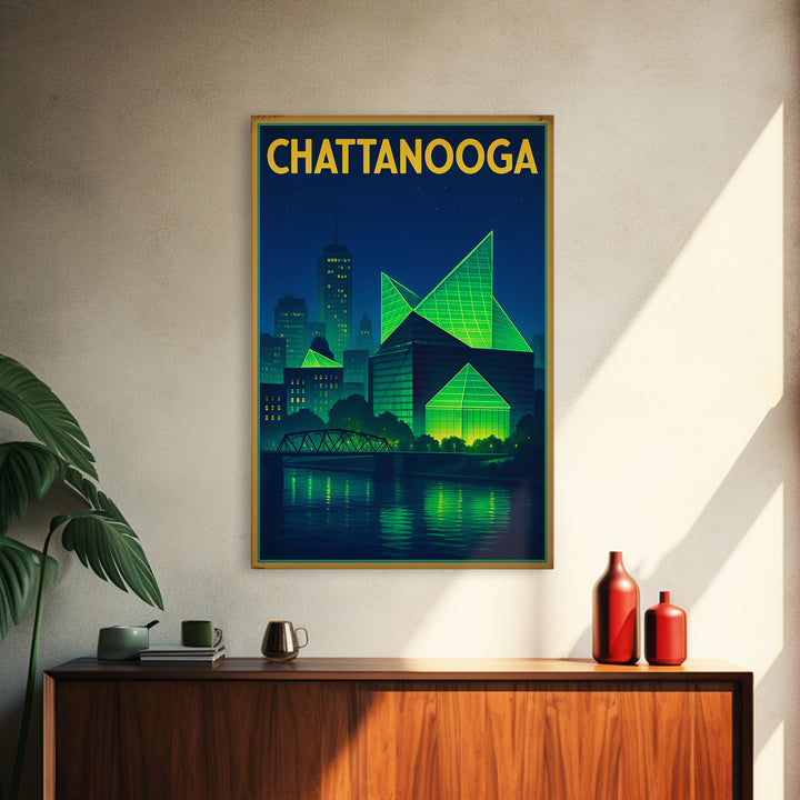 Chattanooga Travel Poster, Framed Canvas Print, Retro Neon Travel Art, Chattanooga City Art, Travel Wall Art, City Illustration