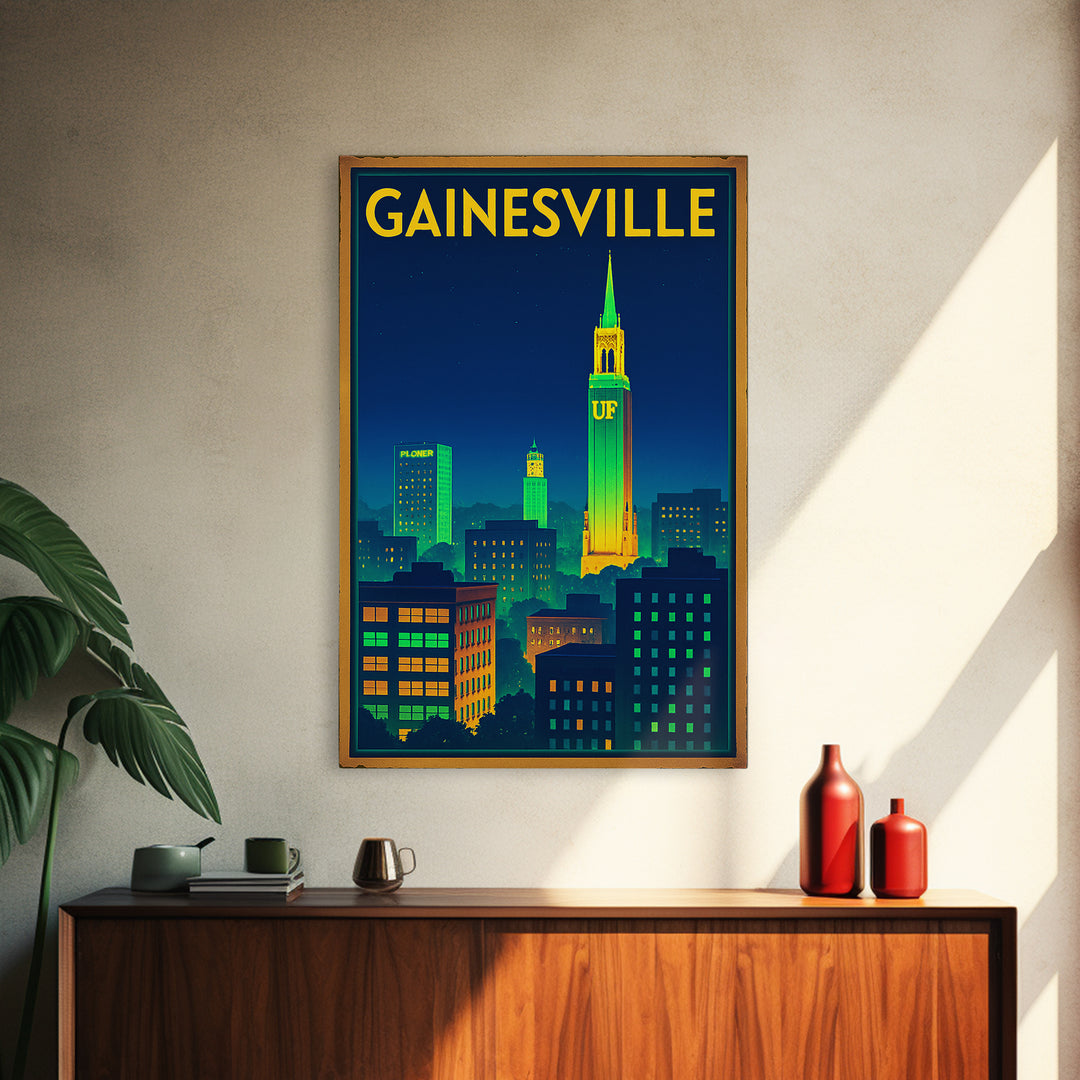 Gainesville Travel Poster, Canvas Print, Electric Night Poster Art, Gainesville Travel Art, Travel Wall Art, Watercolor Urban Skyline