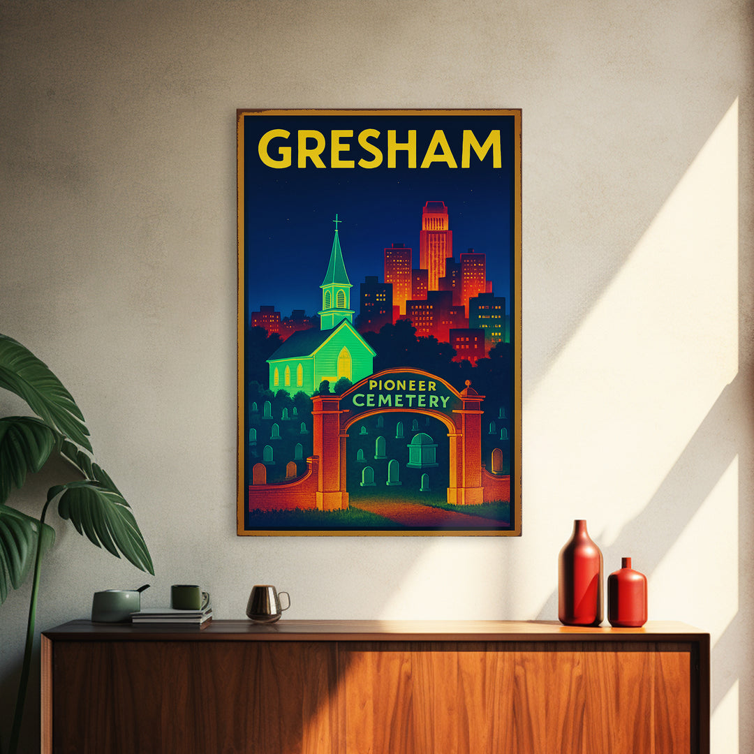 Gresham Travel Poster, Framed Canvas Print, Electric Night Poster Art, Gresham Poster Print, Vintage City Art, City Art Print, Design 2