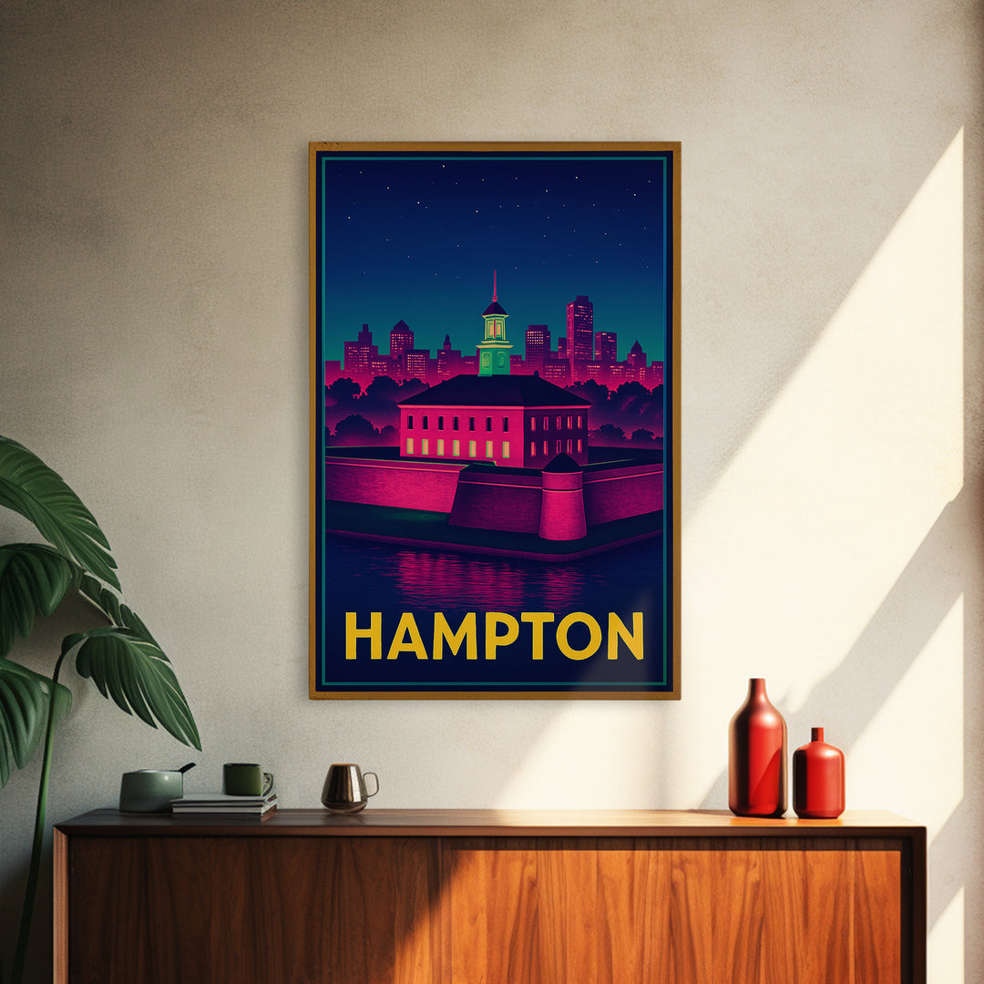 Hampton Virginia Travel Poster, Canvas Print, Retro Neon Travel Art, Hampton City Art, Travel Wall Art, Modern Wall Decor, Wall Art